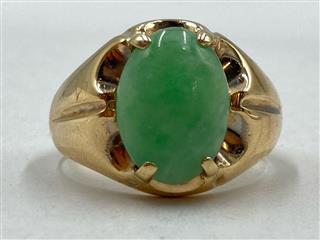 14K Yellow Gold & Synthetic Nephrite Jade Stone Ring 8.6g